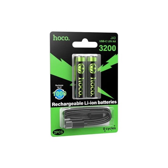 Bateria Recarregável de Lítio Hoco JA3 AA de 3200mAh com Cabo Tipo-C 2 Unidades Preto